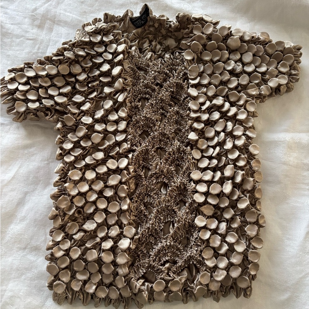 Vintage Step in Style Popcorn Bubble Shirt Top Y2K 90s Magic Stretch Tan Gold OS